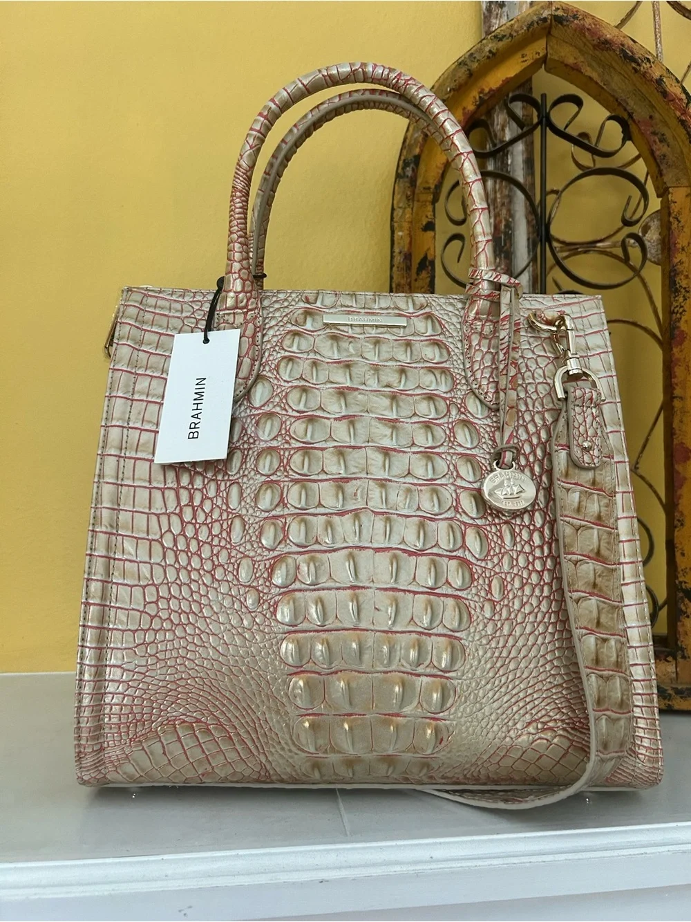 Brahmin Caroline Satchel Sunkiss Melbourne Croc Embossed Leather NWT old money